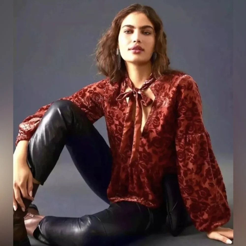 Anthropologie Rust Red Velvet Tie Front Blouse with Relaxed Sleeves - Picture 8 of 10
